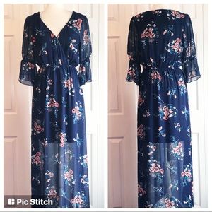 Club Soda Boho Blue Floral Print Faux Wrap Sheer Maxi Dress Large